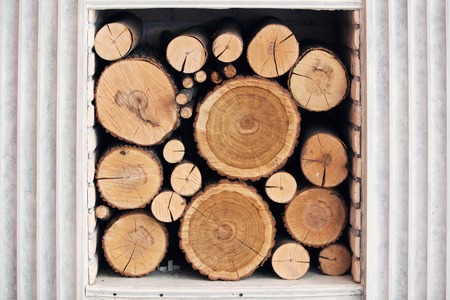 classical fireplace with wooden logsの写真素材