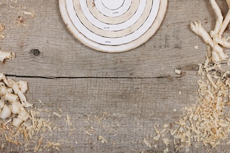 top view carpenter templates and sawdust. place for textの写真素材