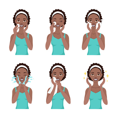 Attractive pretty young black woman dressed in casual t-shirt remove make-up, clean, wash and care her face with sponge. Facial treatment procedures, african american, healthy lifestyle.のイラスト素材