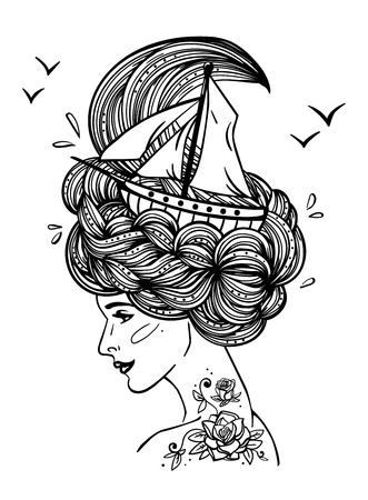 Page with print for the adult coloring book. Hand drawn artwork of a dreaming young beautiful woman with ship in waves of curly swirly sea-like hair and rose tattoo on her neck and shoulder.のイラスト素材