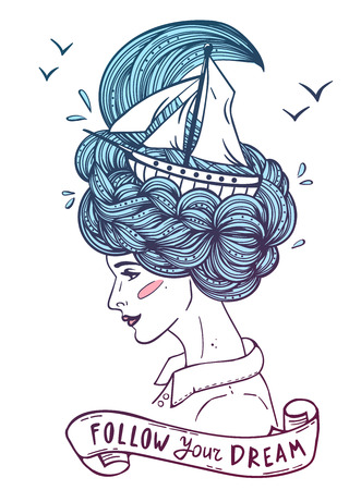 Hand drawn color artwork of a dreaming young beautiful woman with ship in waves of curly swirly sea-like hair.のイラスト素材
