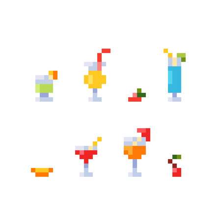Pixel art style set of ice and alcoholic summer drinks and beach cocktails.のイラスト素材