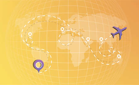 The route of the aircraft on the world map with points of stops, transfers. Airplane line path icon of air plane flight route with start point and dash line traceのイラスト素材
