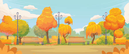 Empty autumn park. Cartoon autumn park road with yellow trees and benches. Autumn panoramic landscape september colorful vector backgroundのイラスト素材