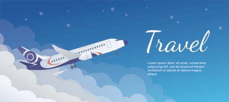 The banner of the airplane taking off from the clouds. Travel concept. Airplane in a flat styleのイラスト素材