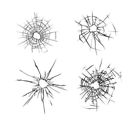 Broken glass. Set of cracked glass surface silhouette. Broken window or mirror after bullet. Vectorのイラスト素材