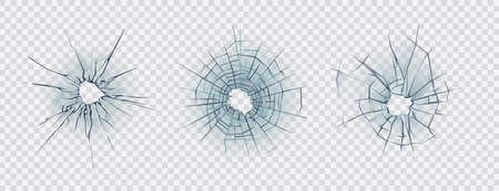 Broken glass. Set of cracked glass surface silhouette. Broken window or mirror after bullet. Vectorのイラスト素材