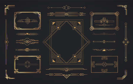 Set of Art Deco elements. Vector elements of geometric golden label frame, gold frames, vintage antique elegant design set. Vectorのイラスト素材