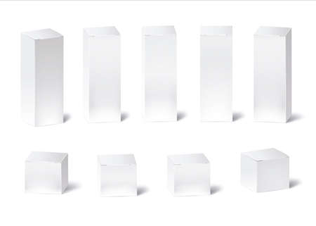 Blank white box mockup. Different positions of retail cardboard box for design or branding. Vector illustration isolated on white backgroundのイラスト素材