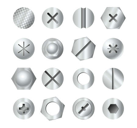Metal bolt heads. Set of different screw heads types isolated on white background. Industrial top view bolts, screws, nails, rivetsのイラスト素材