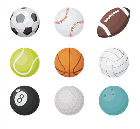Cartoon balls vector set. Sport balls icons: volleyball, basketball, football, golf, american football, bowling isolated on white backgroundのイラスト素材