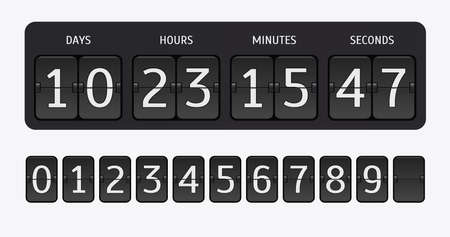 Flip countdown timer. Vector time remaining count down flip board with scoreboard of day, hour, minutes and secondsのイラスト素材