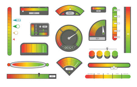 Credit score indicators. Customer satisfaction indicators with poor and good levels. Speedometer goods gauge rating meterのイラスト素材