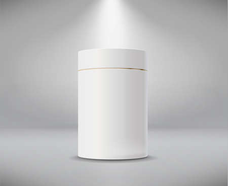 White cylinder box. Round empty paper box for food soup tea or coffee. Vector mockup of white blank boxのイラスト素材