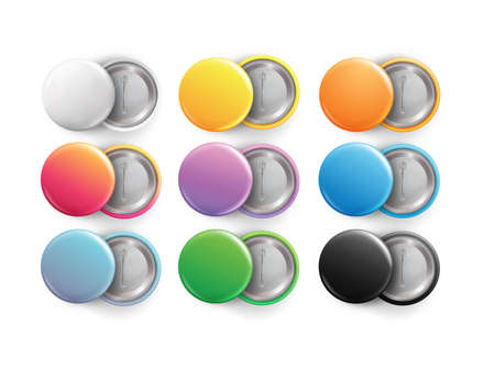 Blank badges set. Realistic shiny empty button badge front and back view. Multicolored vector badges isolated on white backgroundのイラスト素材