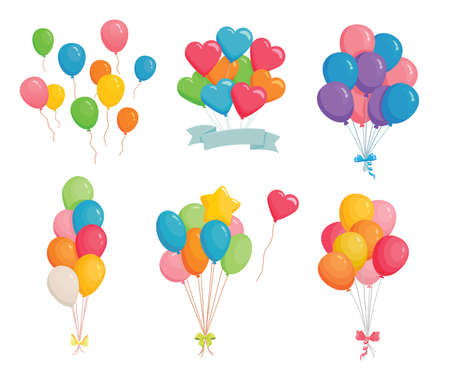Set of festive balloons. Birthday party or carnival decorations balloon. Bunch of balloons flying in the air. Isolated vector illustrationのイラスト素材