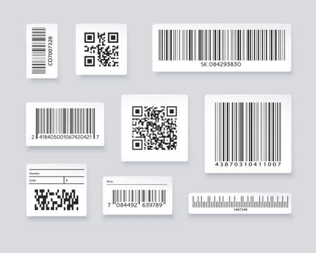 QR codes and barcode labels. Supermarket scan code bars, industrial barcode labels. Barcode label for scan, bar code sticker, vector illustrationのイラスト素材