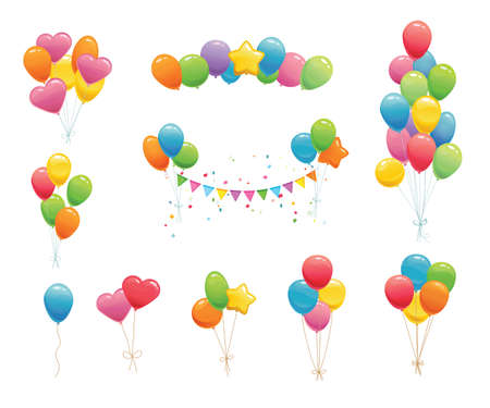 Cartoon birthday balloons. Party decorations for birthday, anniversary, celebration, event design, wedding. Vector flat design.のイラスト素材