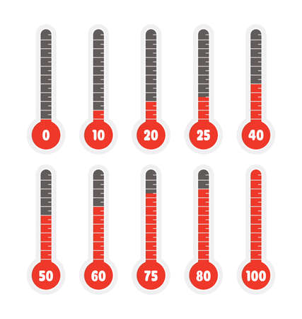 Percentage thermometer. Flat vector set of thermometers whit different climate levelsのイラスト素材