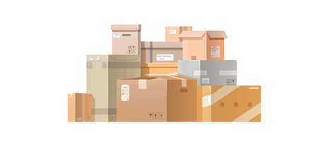 Pile cardboard boxes. Many cartons, boxes of different size. Flat style vector illustration isolated on white backgroundのイラスト素材