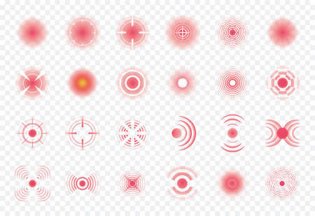 Body painful spot marks. Red rings of pain to indicate localization of pain in different parts of the human body such as the back, neck, head, back and others. Muscle pain, painful headaches or healt.のイラスト素材