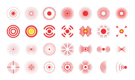 Pain circles. Vector set of medical icons to illustrate radial target problems. Red painful target spot, targeting medication remedy circle and joint pain spotsのイラスト素材