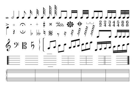 Set of music notes. Music signs, keys and note staves isolated on white backgroundのイラスト素材