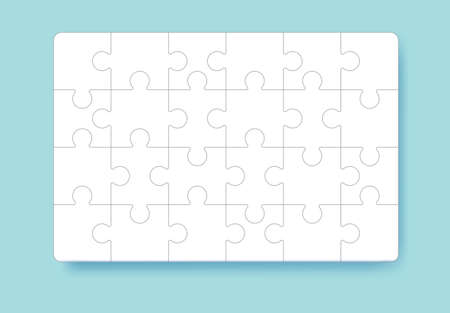 Puzzle pieces grid. Jigsaw puzzle 24 pieces, thinking game and 4x6 jigsaws detail frame design. Thinking puzzle game, success mosaic solution vector template.のイラスト素材