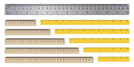 Realistic rulers. Measuring tool. School supplies. Double sided measurement in cm and inches. Vector...