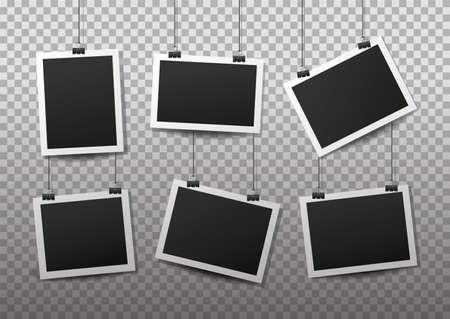 Hanging photo frames. Black empty place for your text or photo. Vertical and horizontal photo design template.のイラスト素材