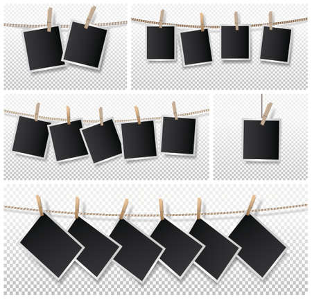 Set of blank photo frame set hanging on rope. Realistic detailed photo icon design template. Vector illustration isolated on transparent background.のイラスト素材