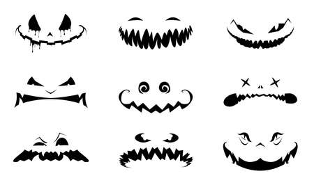 Halloween face icon set. Pumpkin black silhouette. Monochrome flat design symbol collection. Vector illustrationのイラスト素材