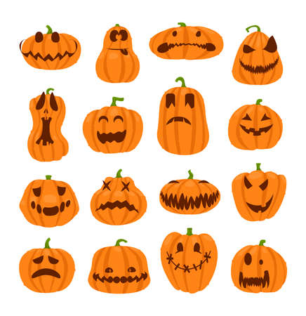 Set of halloween pumpkins faces. The main symbol of the Happy Halloween holiday. Orange pumpkin with smile for your design for the holiday Halloween.のイラスト素材