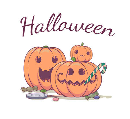 Halloween pumpkins illustration. Pumpkins with sweets banner or party invitation background. Vector illustrationのイラスト素材