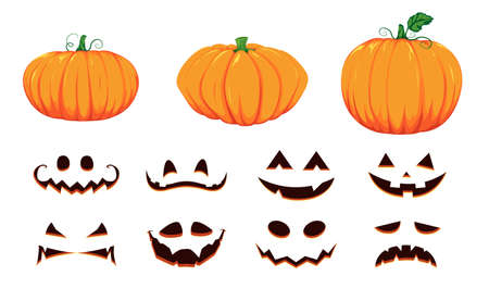 Halloween collection of pumpkin faces. Generator with empty pumpkins and scary faces. Vector cartoon setのイラスト素材