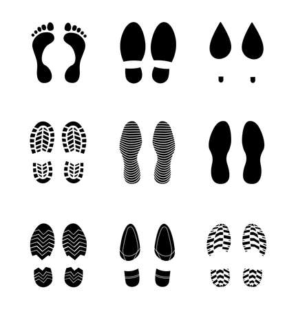 Human foot trace. Footprints human shoes silhouette, vector set, isolated on white background. Vector illustrationのイラスト素材