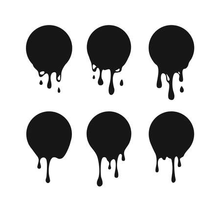 Dripping circle paint. Drip drops, round spots, splash shapes, ink paint leak or circle liquid black stains isolated collection. Vector illustrationのイラスト素材