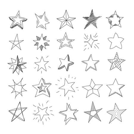 Hand drawn stars. Set of black stars in doodle style on white background. Vectorのイラスト素材