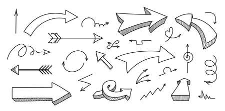 Set of hand drawn different decorative arrow. Arrow element drawn with a brush-pen. Isolated vectorのイラスト素材