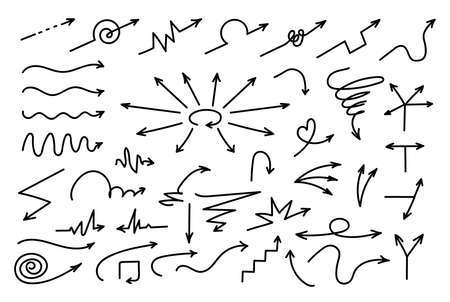 Doodle arrows thin lines set. Vector hand drawn arrow elements isolated on whiteのイラスト素材