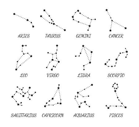 Zodiac constellations. Aries, Taurus, Leo, Gemini, Virgo, Scorpio, Libra, Aquarius Sagittarius Pisces Capricorn Cancer Vector isolated on white backgroundのイラスト素材