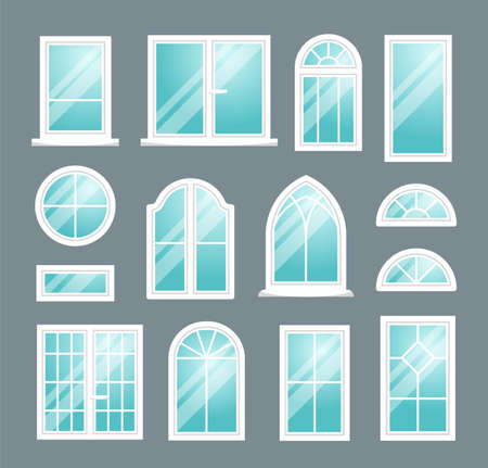 Set of various isolated white plastic windows on dark background. Vector illustrationのイラスト素材
