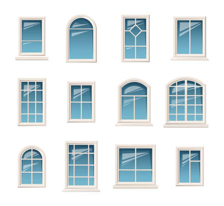 Vector collection of various white windows. Various types of plastic windows collection. Interior and exterior elements.のイラスト素材