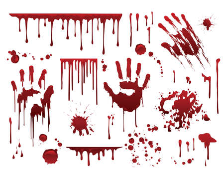 Dripping blood. Halloween bloody splatter spots and bleeding hand traces. Collection various red paint splatter, isolated on white backgroundのイラスト素材