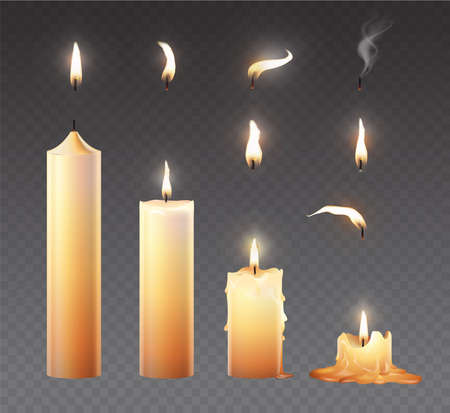 Candle fire set. Realistic burning wax candles for animation. Vector illustration isolated on transparent backgroundのイラスト素材