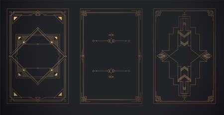 Art Deco vintage invitation. A set of covers for the book. Gold color with Frames and design elements with place for your textのイラスト素材