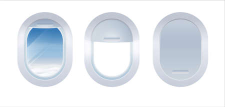 Set of Aircraft windows Isolated on white background. Realistic portholes of airplane from white plastic with open and closed window shadesのイラスト素材