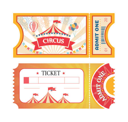 Tickets to Circus or Amusement park printed coupons with flat fairground attraction images. Tickets with red ribbons circus tent and balloonsのイラスト素材