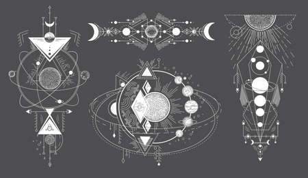 Tattoos of space subjects with star systems. Vector set of geometric abstract magical tattoo on black background. Illuminati or masonic tatoo, esoteric paranormal occult vector illustrationのイラスト素材
