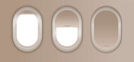 Open and closed window in plane. Gray airplane window, gray light template, plain aircraft window white spaceのイラスト素材